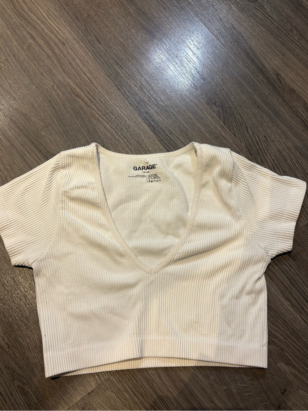 GARAGE Cream Ribbed V-Neck Short Sleeve Crop Top